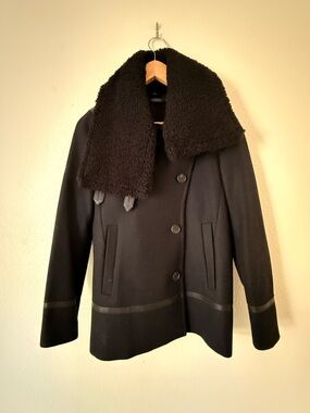 All Saints Navy Double-Breasted Wool Peacoat with Shearling Collar